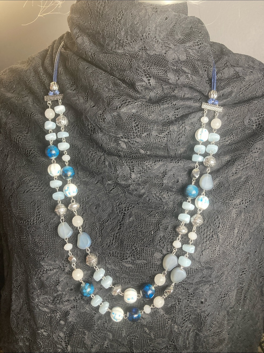 Chico’s Blue, White, Gray Multi-Strand Beaded Necklace with Silver Accents